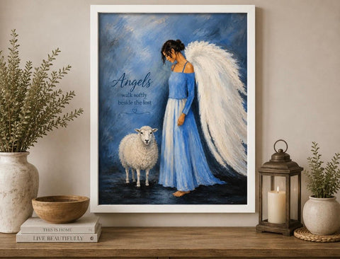 Framed Print 11" X 14" - Angel with Sheep -  (Healing Art)
