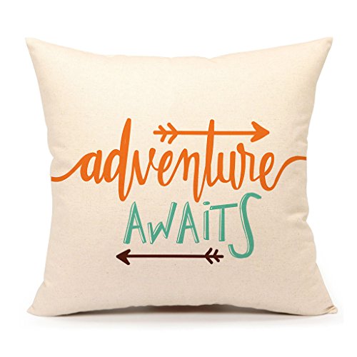 Inspirational Quote Throw Pillow Case Cushion Cover Decorative Cotton Linen 18" x 18" Set of 4(Adventure Awaits,Dream Explore Discover, Ethnic Arrows, Feathers)
