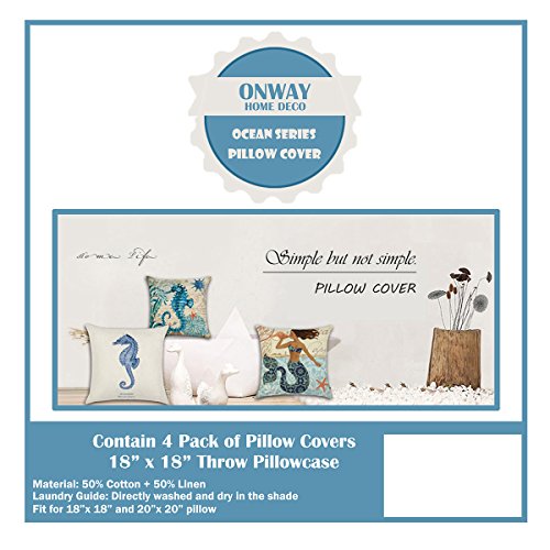 Onway Ocean Park Cotton Linen Theme Decorative Pillow Cover Case D 18" X 18" Square Shape-ocean-beach-sea-print-starfish-seahorse-voyage, 4 Pack (Season1)