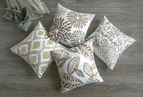 Phantoscope Set of 4 New Living Series Leaf Geometric Throw Decorative  Pillow Cover Cushion Cover, Coffee, 22 x 22 inches, 55 x 55 cm