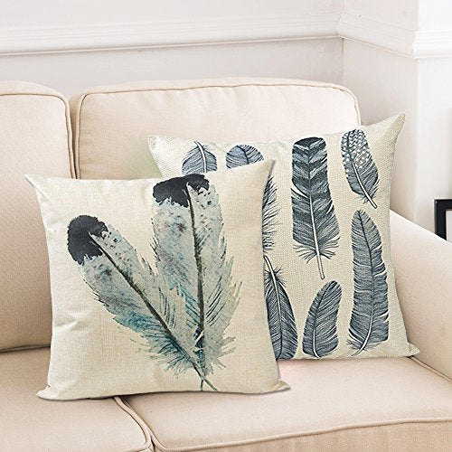 Set of 4 Feather Print Decorative Throw Pillow Covers, 18 x 18 inch Cotton Linen Cushion Covers