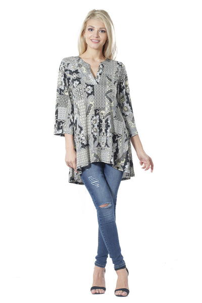 #6009WFC21722  Black Yellow Print Long Sleeve Split V-Neck Tunic Top