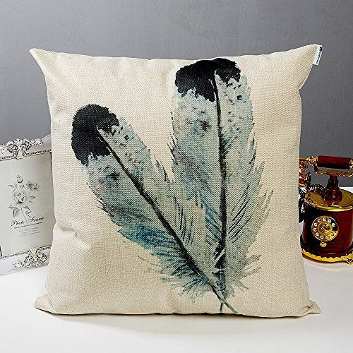Set of 4 Feather Print Decorative Throw Pillow Covers, 18 x 18 inch Cotton Linen Cushion Covers