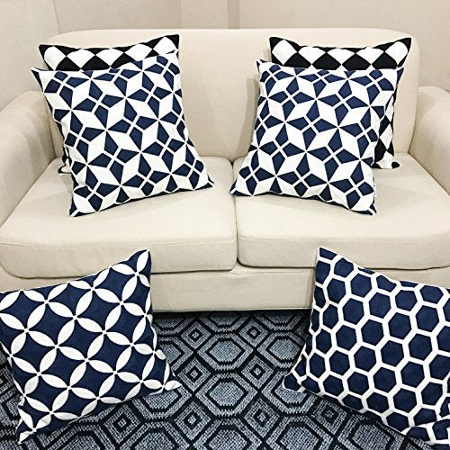 Slow Cow 18x18 inches Cotton Modern Family Embroidery Cushion Pillow Covers, Geometric Zipper Navy Blue Pillow Case Decorative Throw Pillows for Living Room, Best Home Décor Gift for Kids !