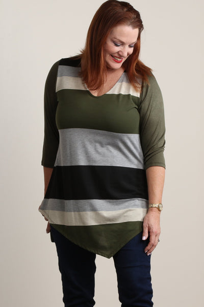 #7011BW    PLUS Green Multi-Color Stripe Tunic with Side Scarf Hem
