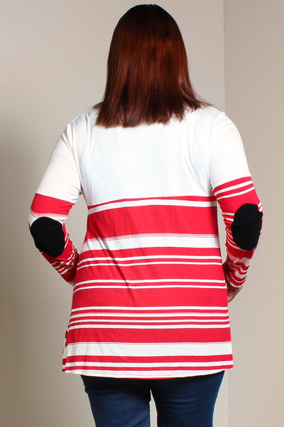 #7015BW    PLUS Stripe Elbow Patch Tunic (in Ivory/Red or Grey/Ivory)