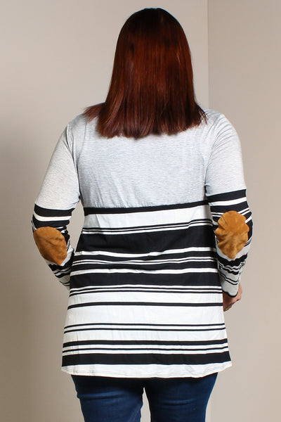 #7015BW    PLUS Stripe Elbow Patch Tunic (in Ivory/Red or Grey/Ivory)