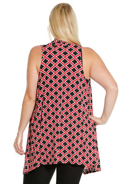 #7030WFC    PLUS Black Red Pattern Print Velvet Sleeveless Dropped Back Cardigan