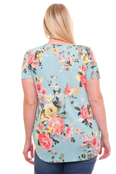 #7034WFC    PLUS Mint Yellow Peach Flowers Short Sleeve Round Neck Casual T-Shirt
